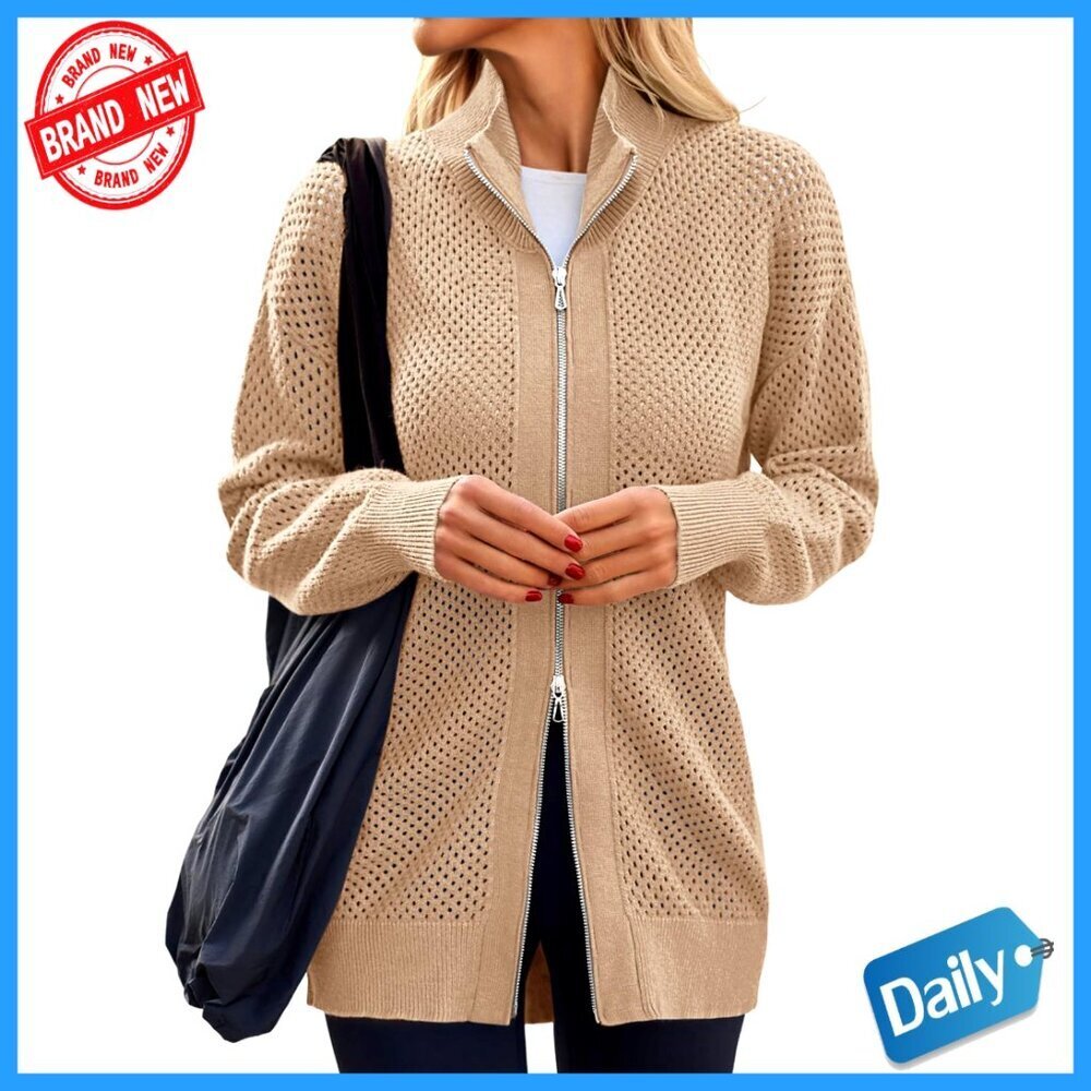 Oversized Zip Up Cardigan Sweater Long Sleeve Mesh Knit Loose Fit